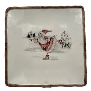Skating Santa Appetizer Plate 11" Rustic Woodsy Cabin Winter Savinio Designs